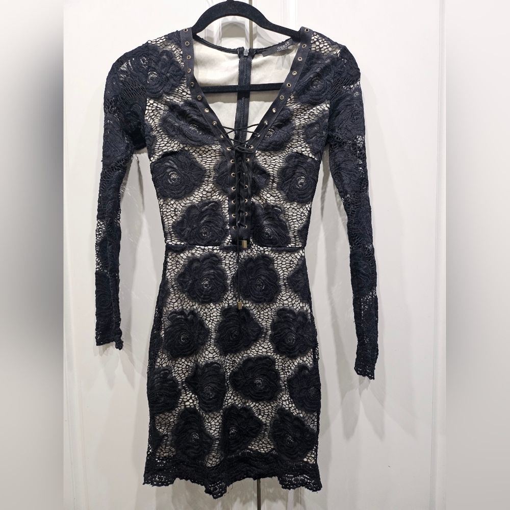 GUESS Black Lace Floral Mini Dress with Nude Lining & see-through sleeves